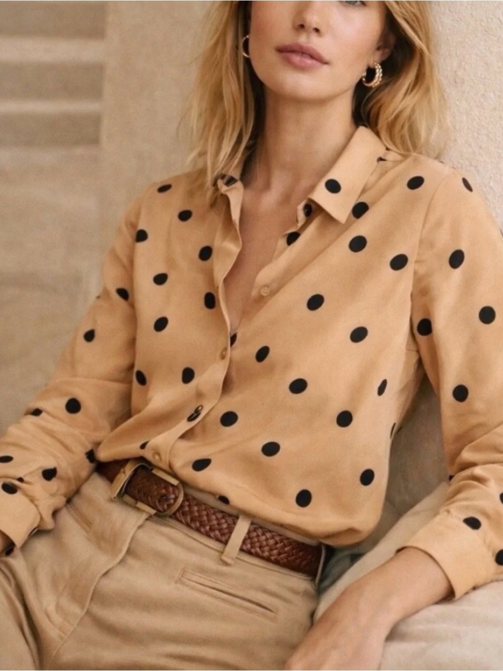 Sezane Ann Shirt Blouse in Beige/Black Polka Sz US 2 (FR 34)